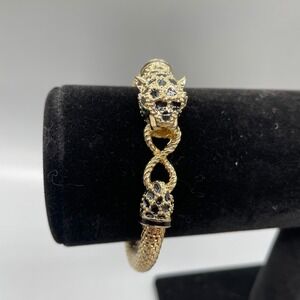 Gold Tone Panther Leopard Mesh Bypass Bangle Bracelet Green Eyes Black Enamel